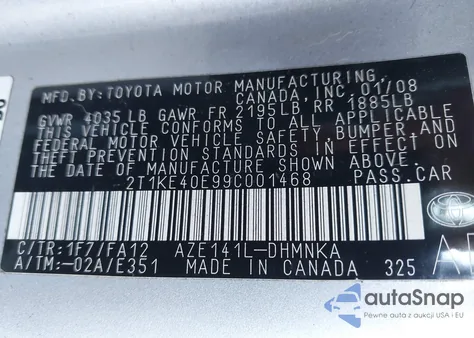 2009 Toyota Matrix S z USA, uszkodzony, nr VIN 2T1KE40E99C001468